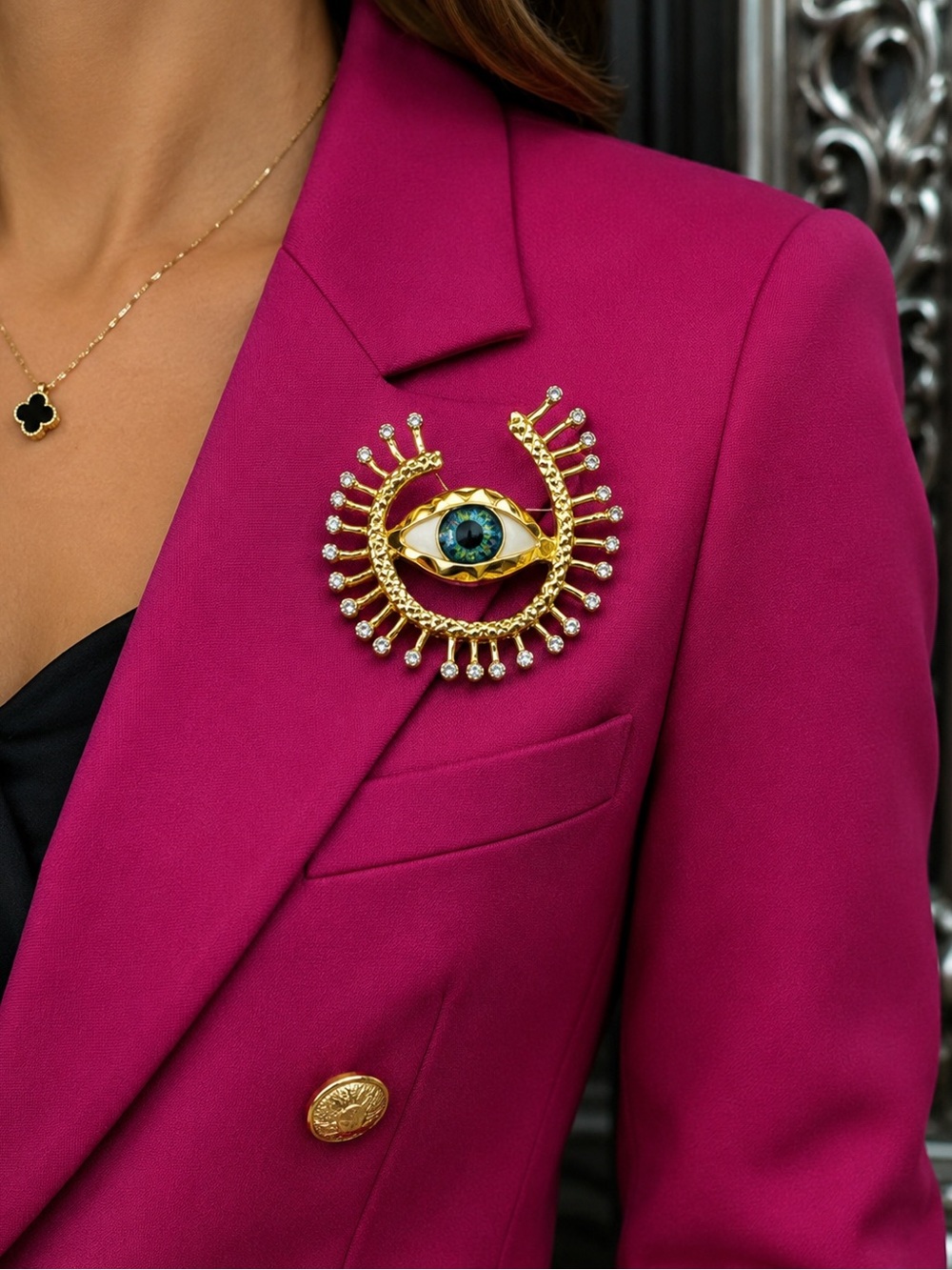 Gold tone Evil Eye Brooch with Blue and Green Iris - Picture 2 of 7
